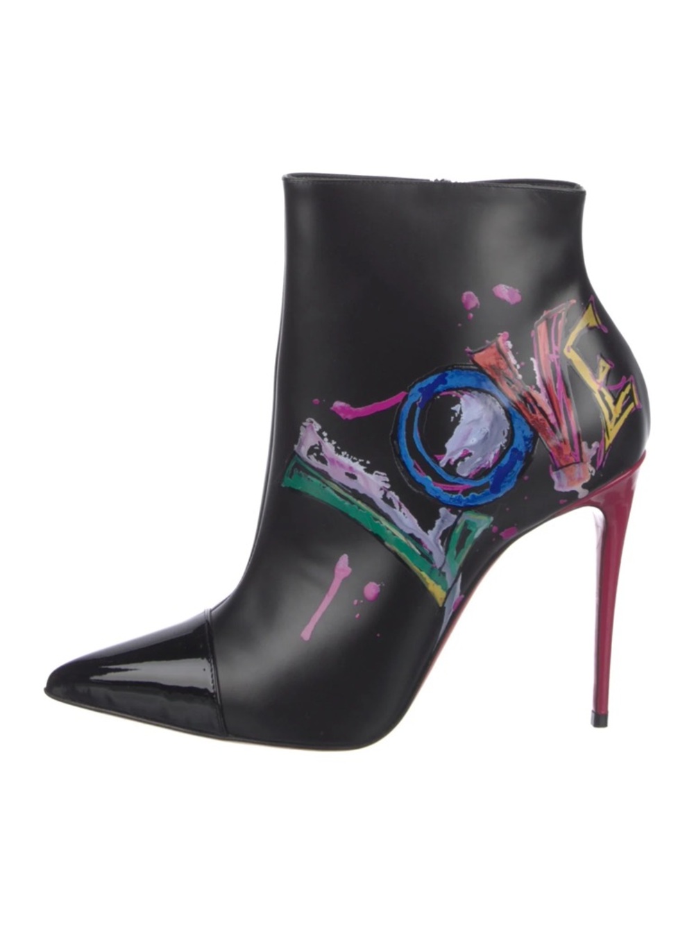 Christian Louboutin Black Patent Ankle Boot with Multicolor 'LOVE' Graffiti